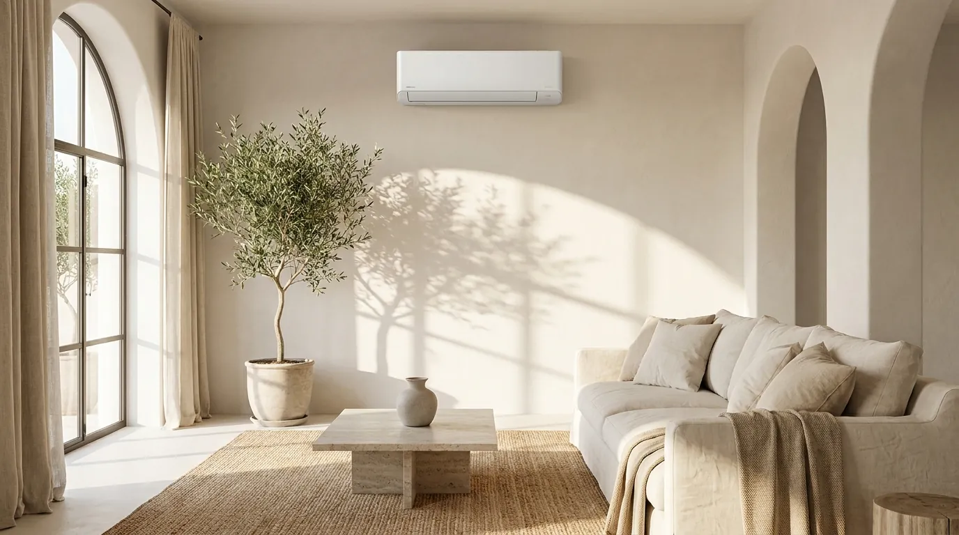 Split de aire acondicionado instalado en salón minimalista de vivienda en Madrid
