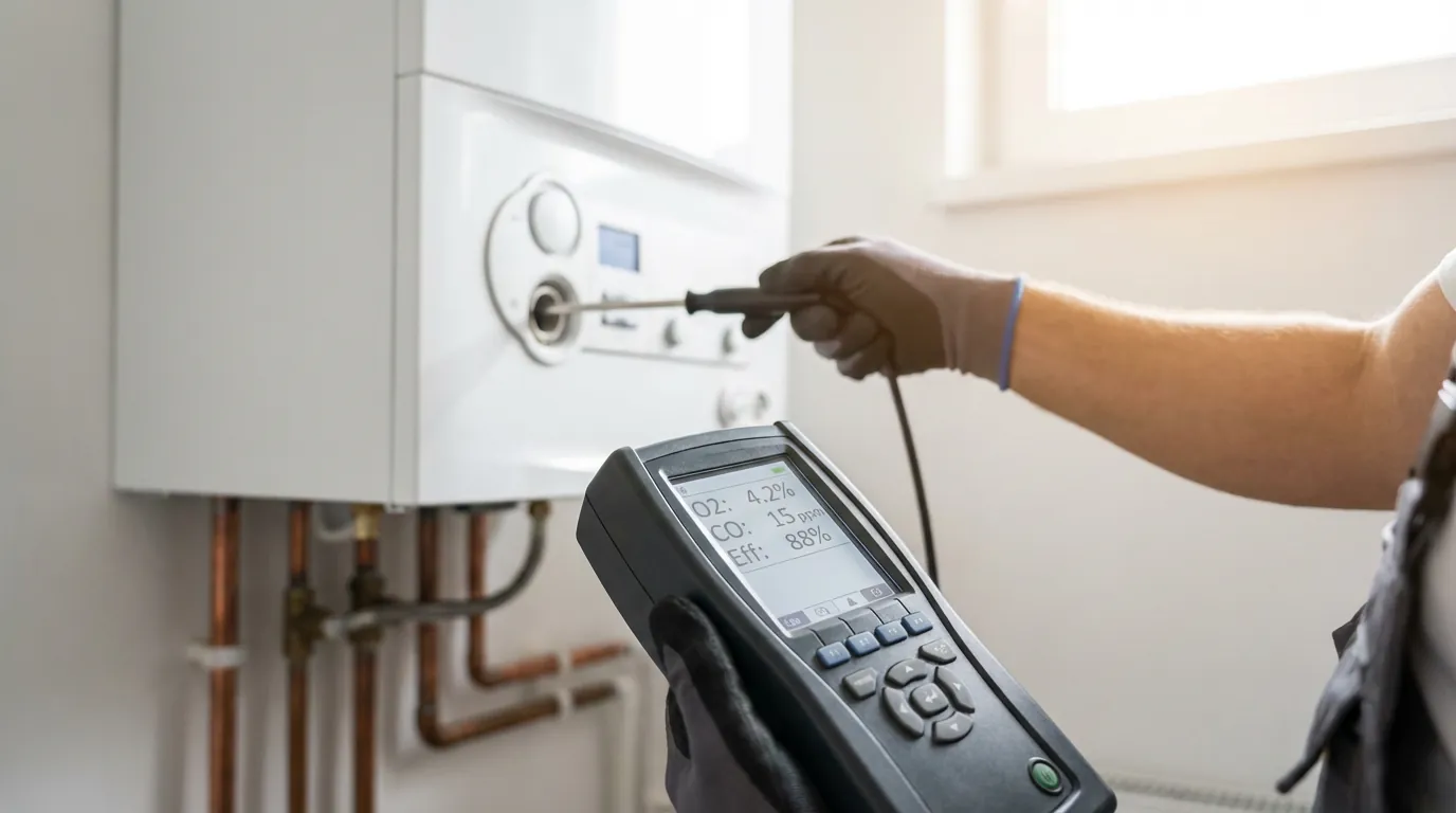 Técnico midiendo combustión con analizador homologado en caldera de gas