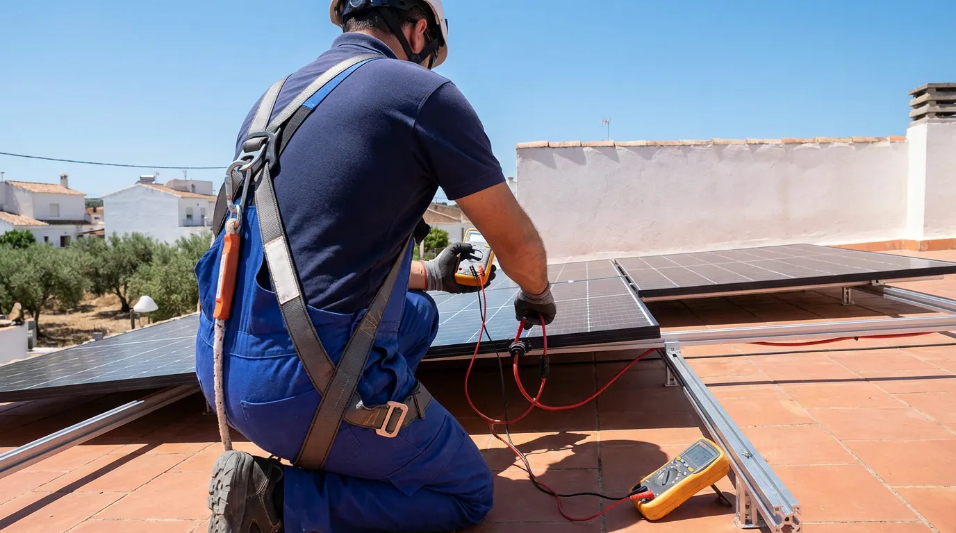 Técnico revisando panel solar fotovoltaico en tejado durante mantenimiento anual