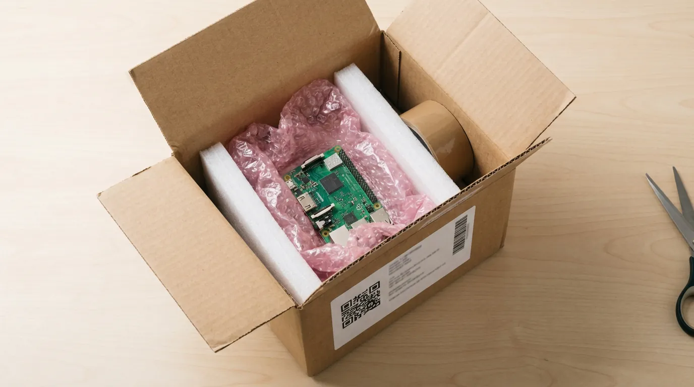 Paquete preparado para envío con placa electrónica protegida en bolsa antiestática