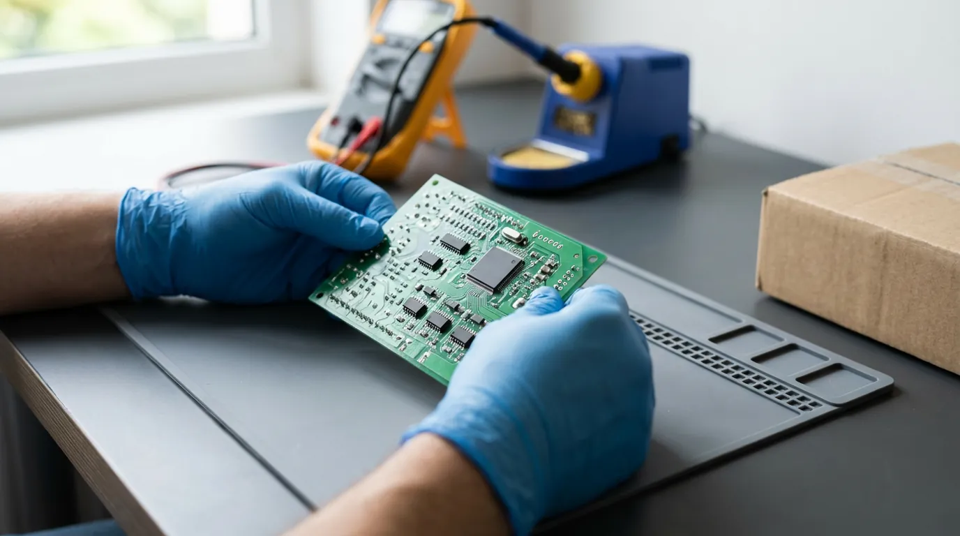 Técnico con guantes reparando placa electrónica de caldera en banco de trabajo